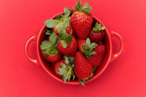 Rote Tasse mit roten Erdbeeren mit Schwänzen