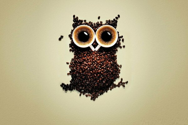 Owl lined with coffee beans and cups