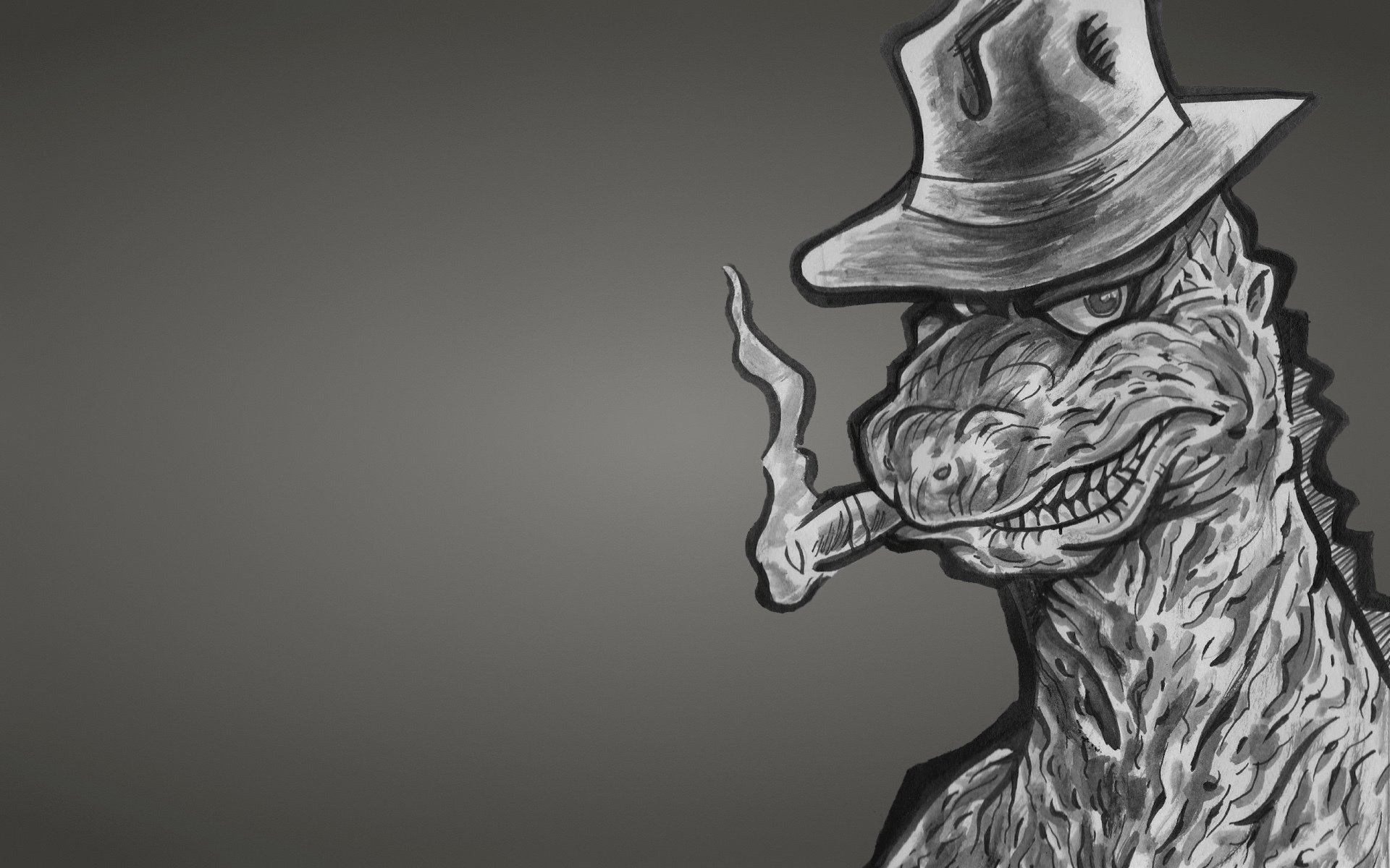 godzilla dinosaure monstre dinozaur fond sombre chapeau cigare gangster