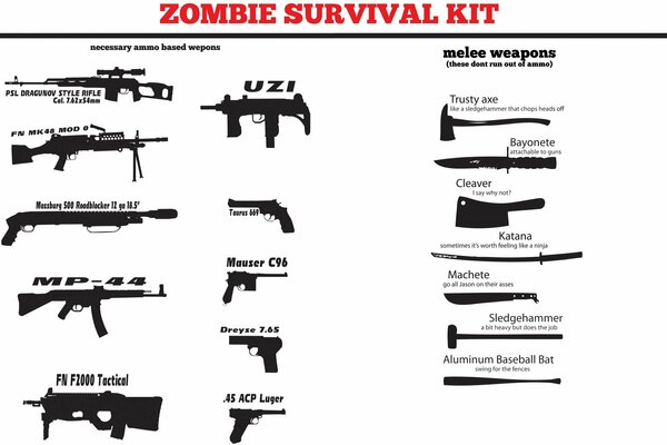 Zestaw dwóch rodzajów broni przeciw zombie-broni palnej i zimnej