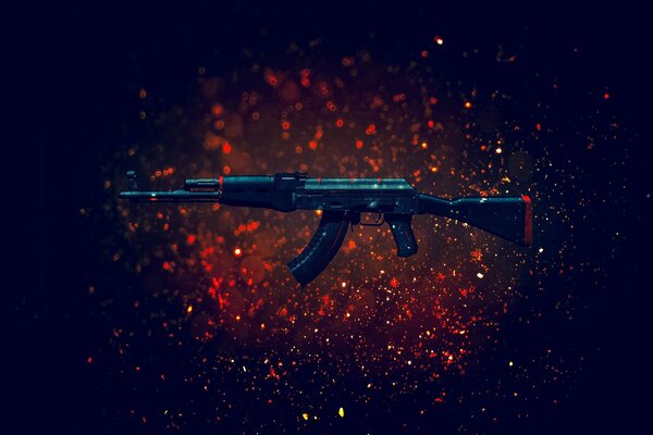 Kalashnikov assault rifle on a black background with red splashes