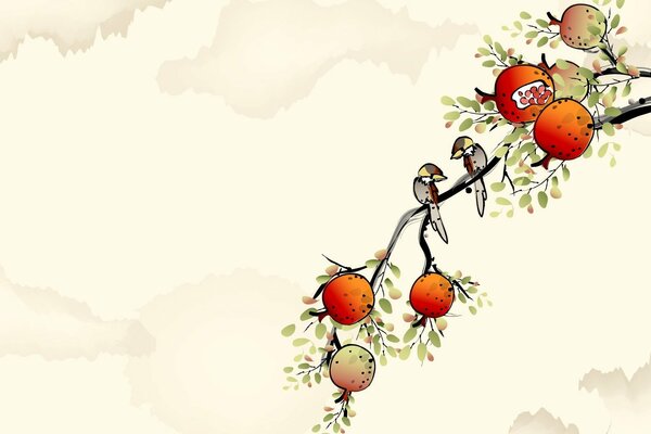 Pomegranate branch with blowing birds