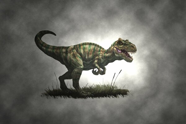 Dinosaurio en la hierba en la niebla gris