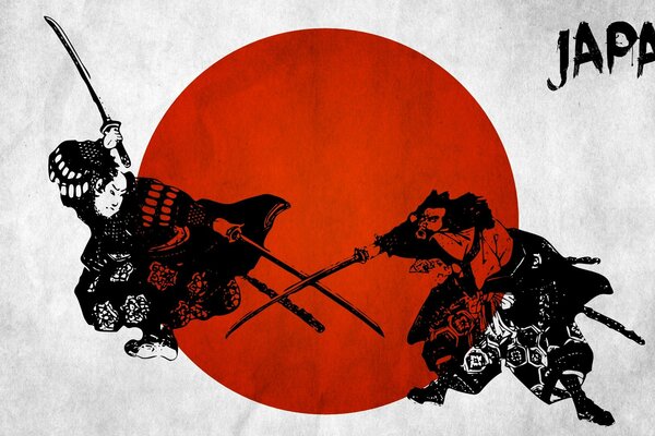 Japanischer Wandaufkleber: Samurai auf weiß-rotem Hintergrund