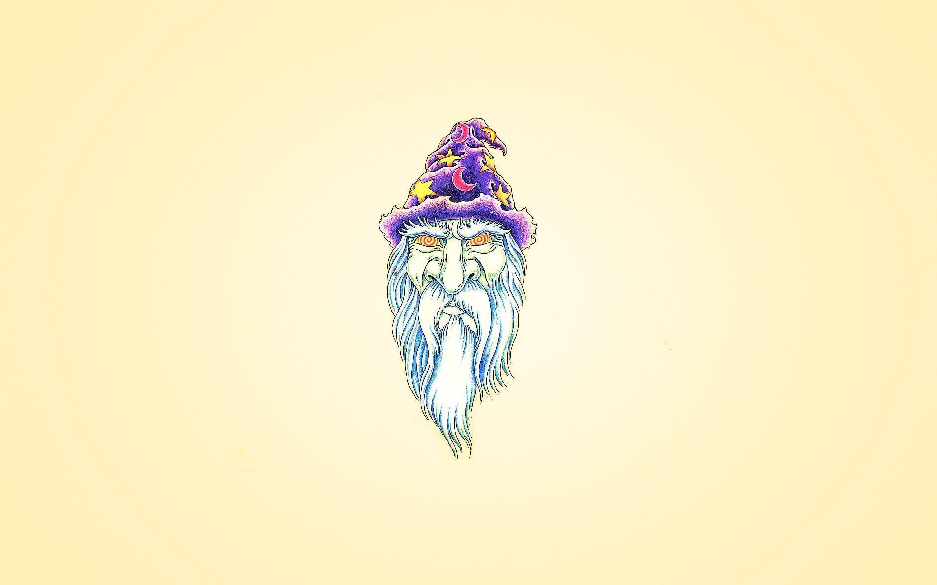 magicien merlin chapeau tête barbe blanche hypnose yeux violet mois étoile minimalisme