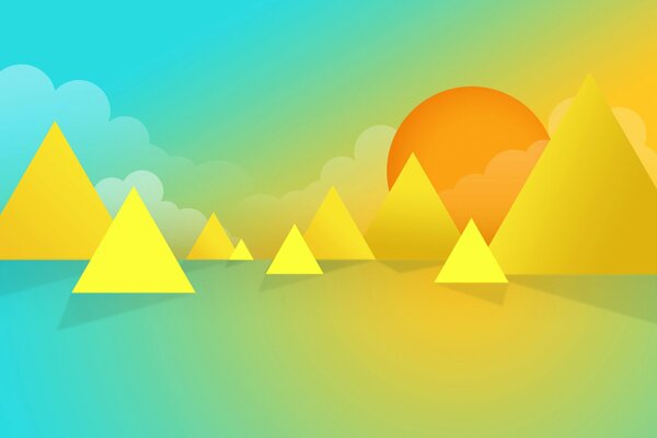 Vector image, yellow triangles on the background of an orange sun