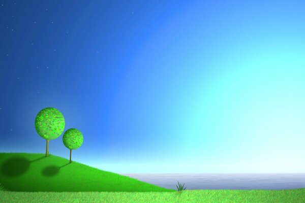 Two green trees. Blue sky. Blue sunset