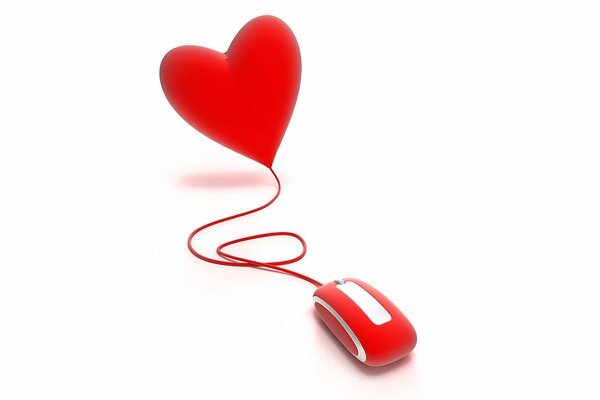 A picture, a red computer mouse, whose cable leads to a red heart