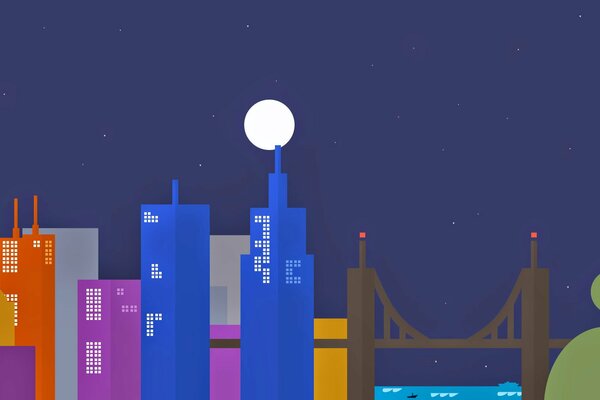 Vector city in the night. A bridge from the city to the forest. The moon and stars illuminate the houses