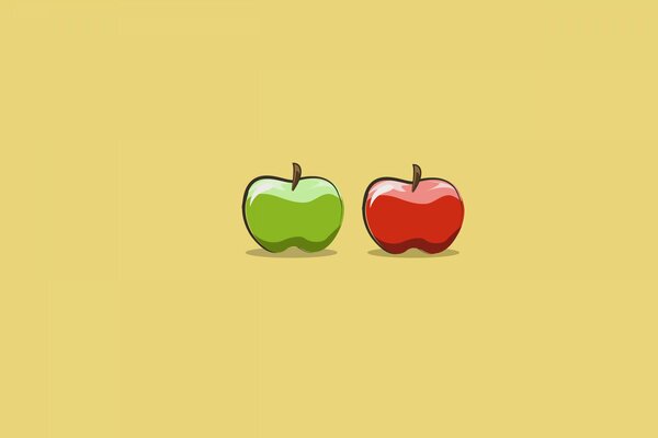 Green and red apple on a yellow background