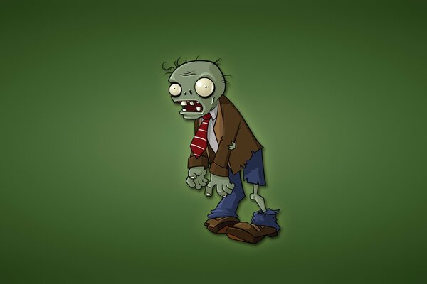 Zombies del juego plants vs. zombies en un fondo verde. Zombie con corbata roja en ropa rasgada