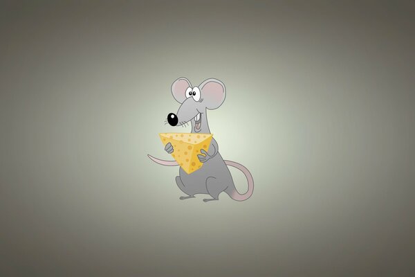 A small gray mouse with cheese on a gray blurry background