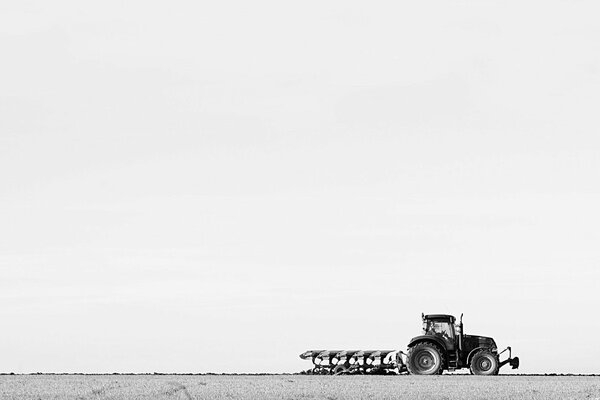 Tracteur avec charrue sur le terrain