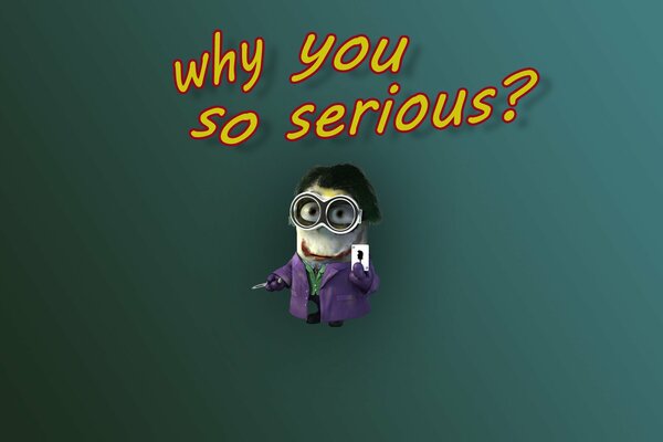 A minion in a joker costume with the inscription