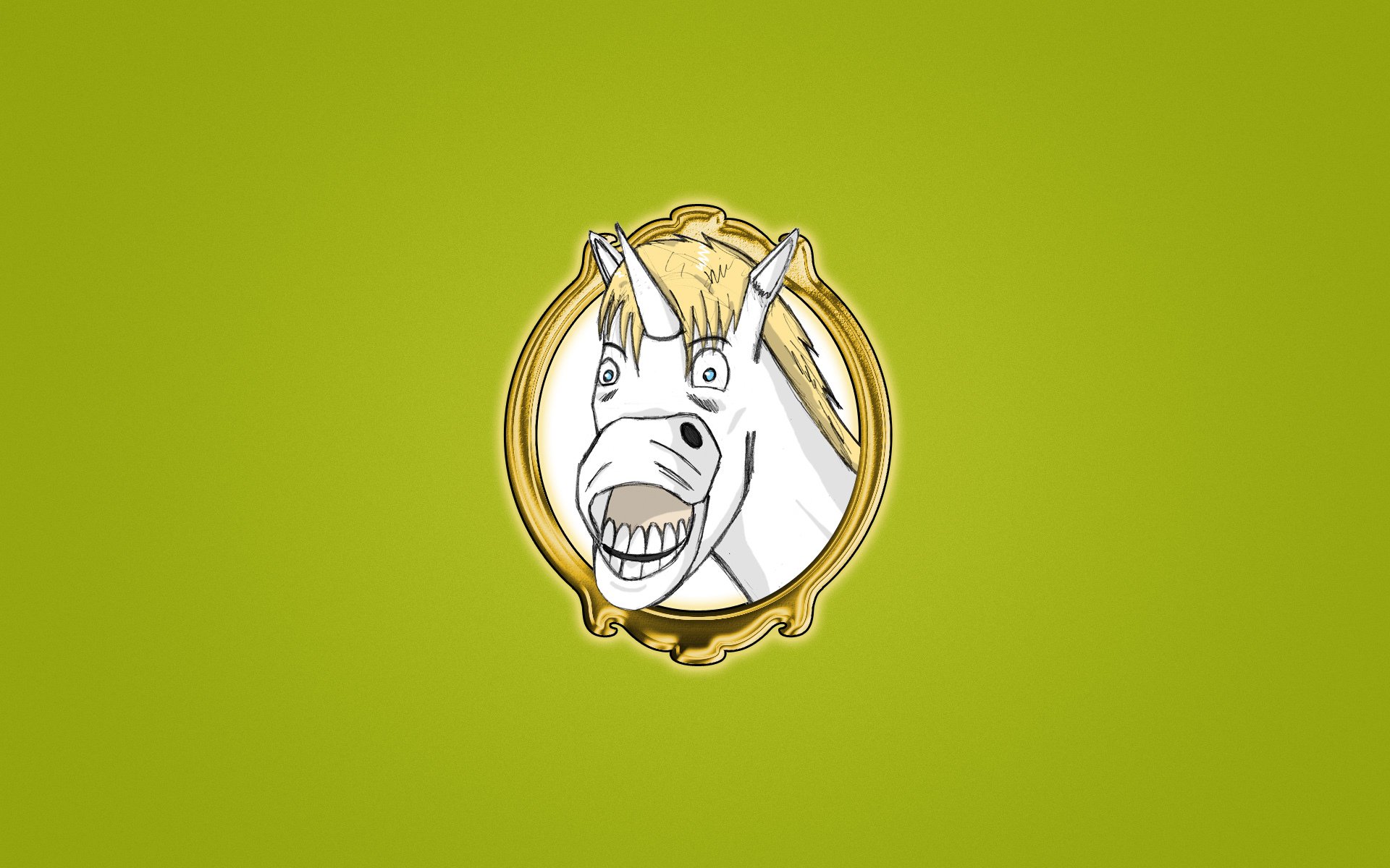 unicornio retrato sonrisa caballo blanco fondo verde claro minimalismo hocico divertido