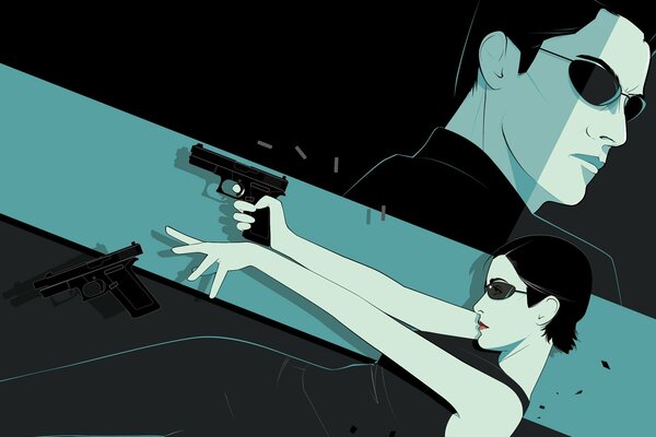 A man and a woman with a gun. Matrix