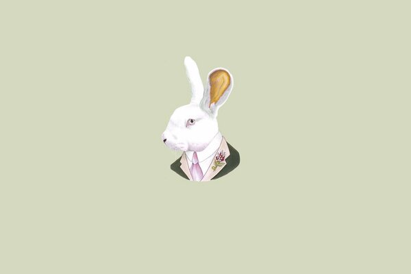 Lapin blanc dans une veste grise avec une cravate rose