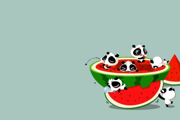 Anime. Funny pandas with watermelon