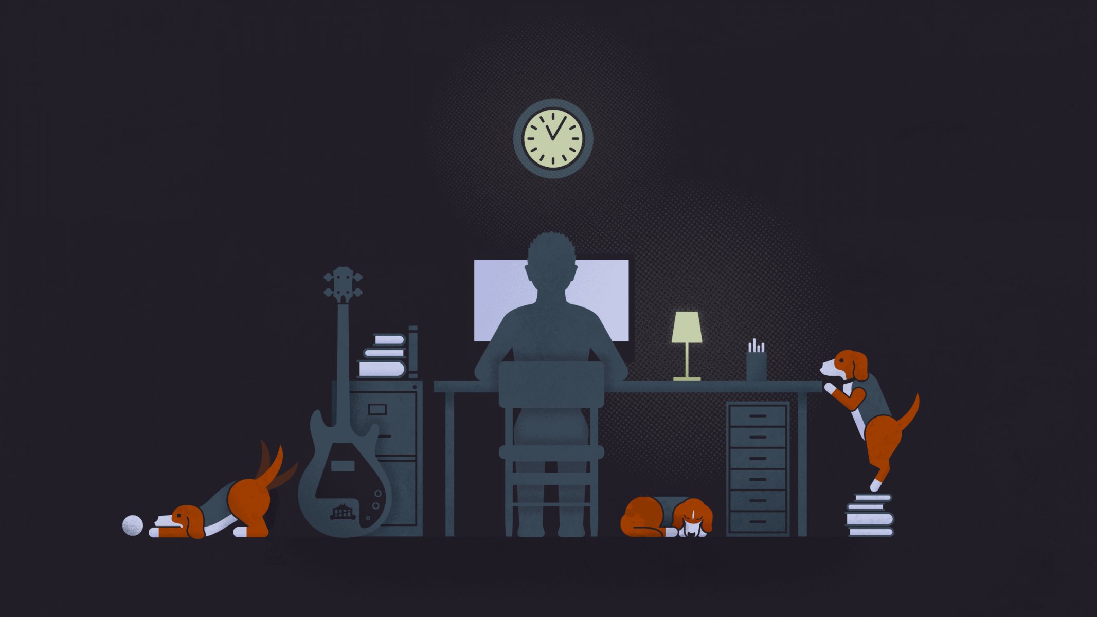 guy guitar dogs desk computer black illustration loneliness lamps dogs desk lamp clock