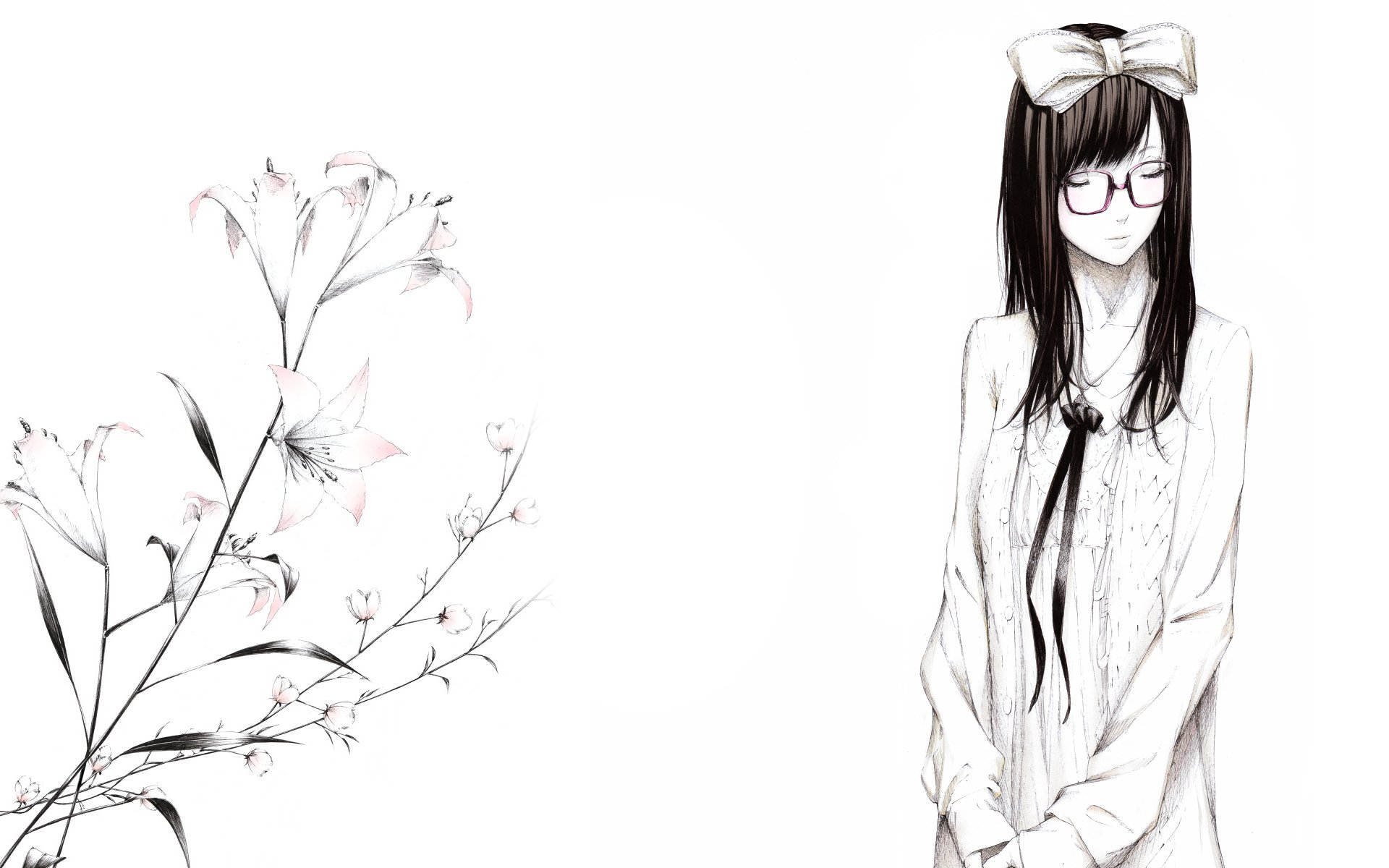 arte sawasawa chica gafas arco flores lirios dibujo