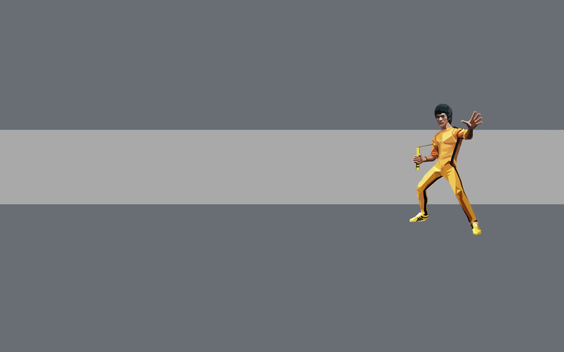 bruce lee kung fu nunchaku sfondo grigio striscia giallo uomo minimalismo