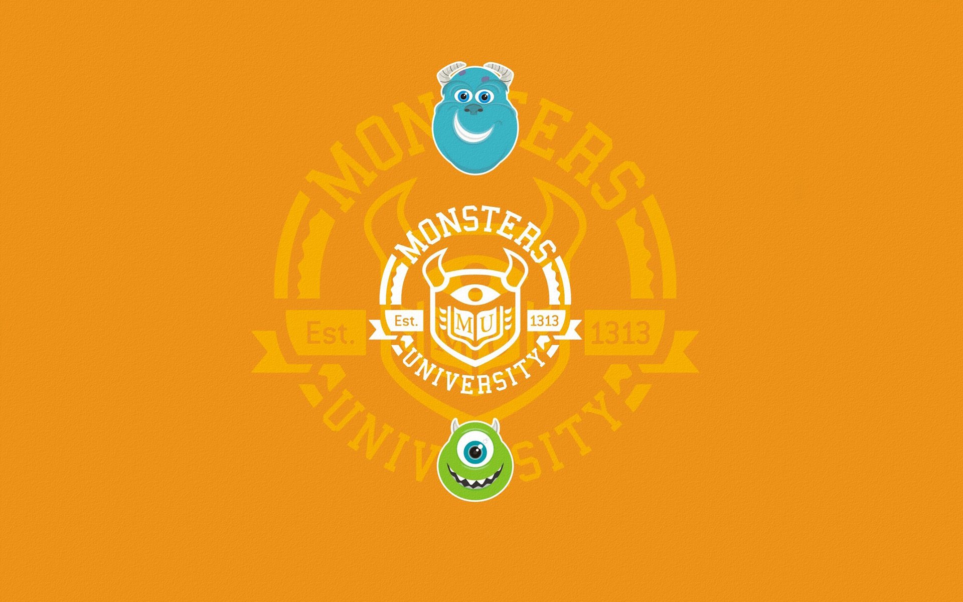 monster university monster corporation monsters inc. kreis inschrift gesichter blau grün orange hintergrund minimalismus