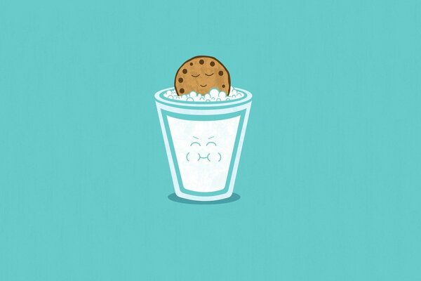 Cookies in a glass of milk on a blue background