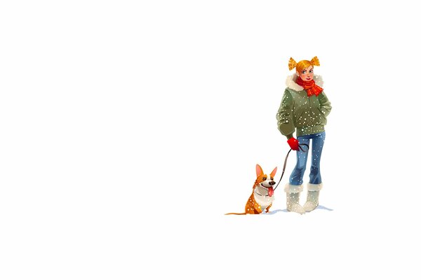 A girl with a dog walks in winter