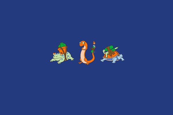 Green frog, red dragon and blue turtle