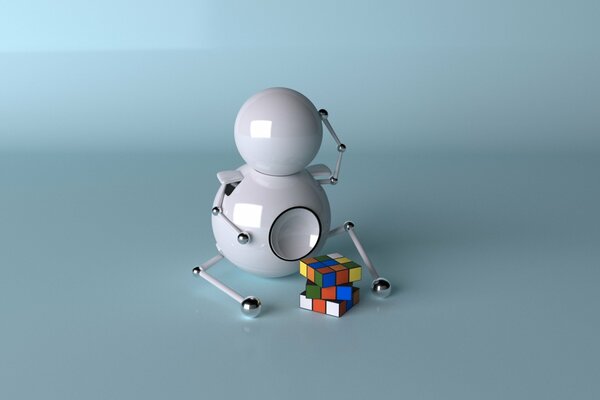 A small robot sits over a rubik s cube