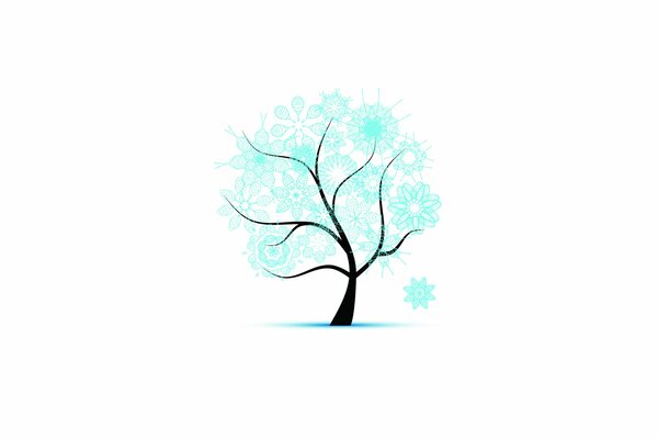 Winter tree in blue snowflakes