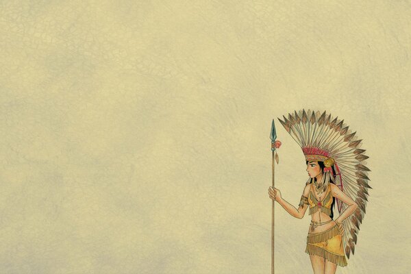 Indian girl with a spear on a yellow background