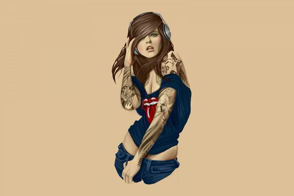 Girl in headphones with a tattoo