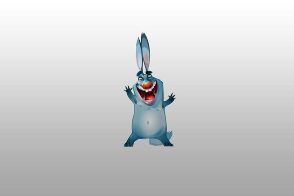 A cheerful , drunken rabbit raised his hands up