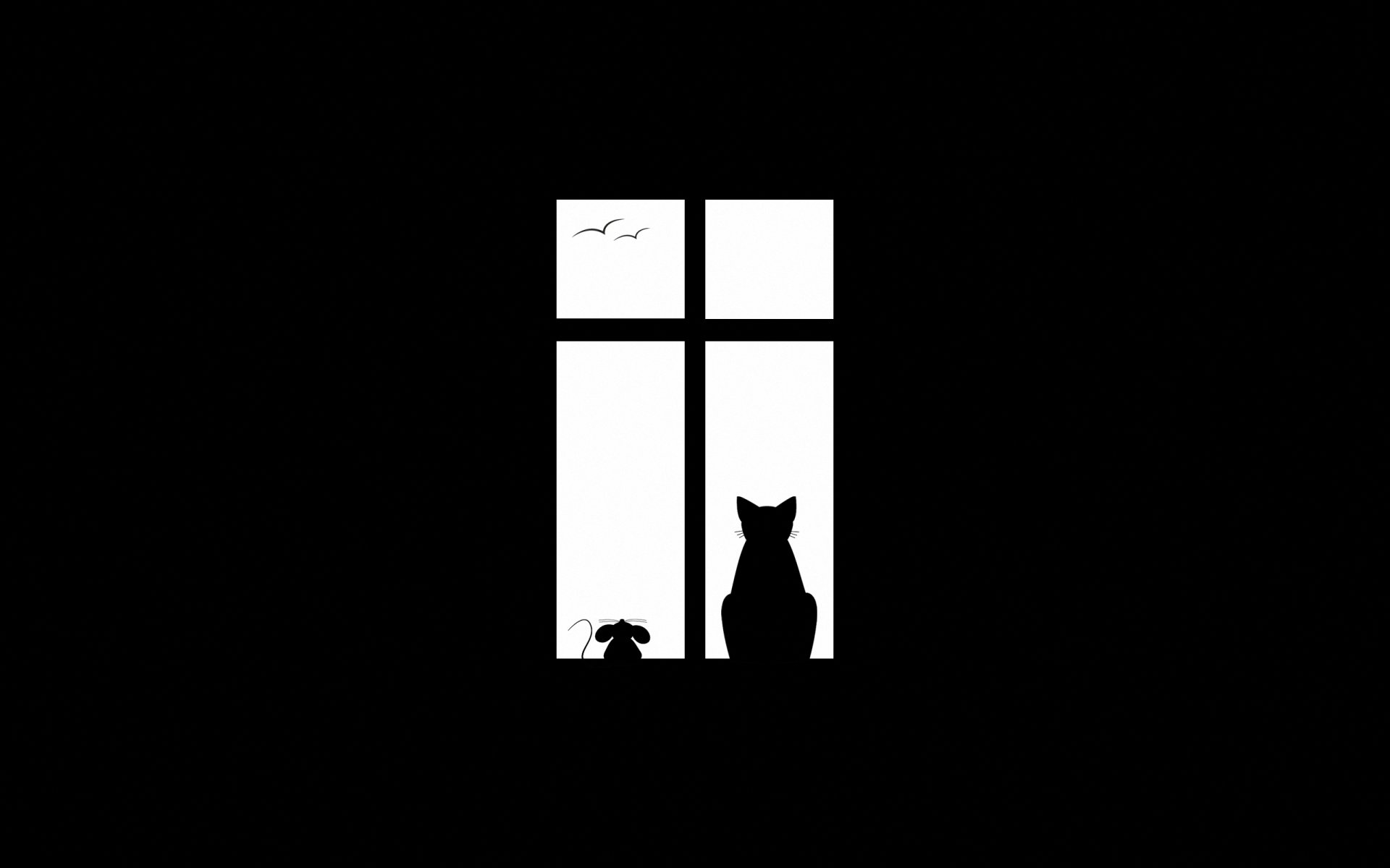 cat mouse friends birds window minimalism