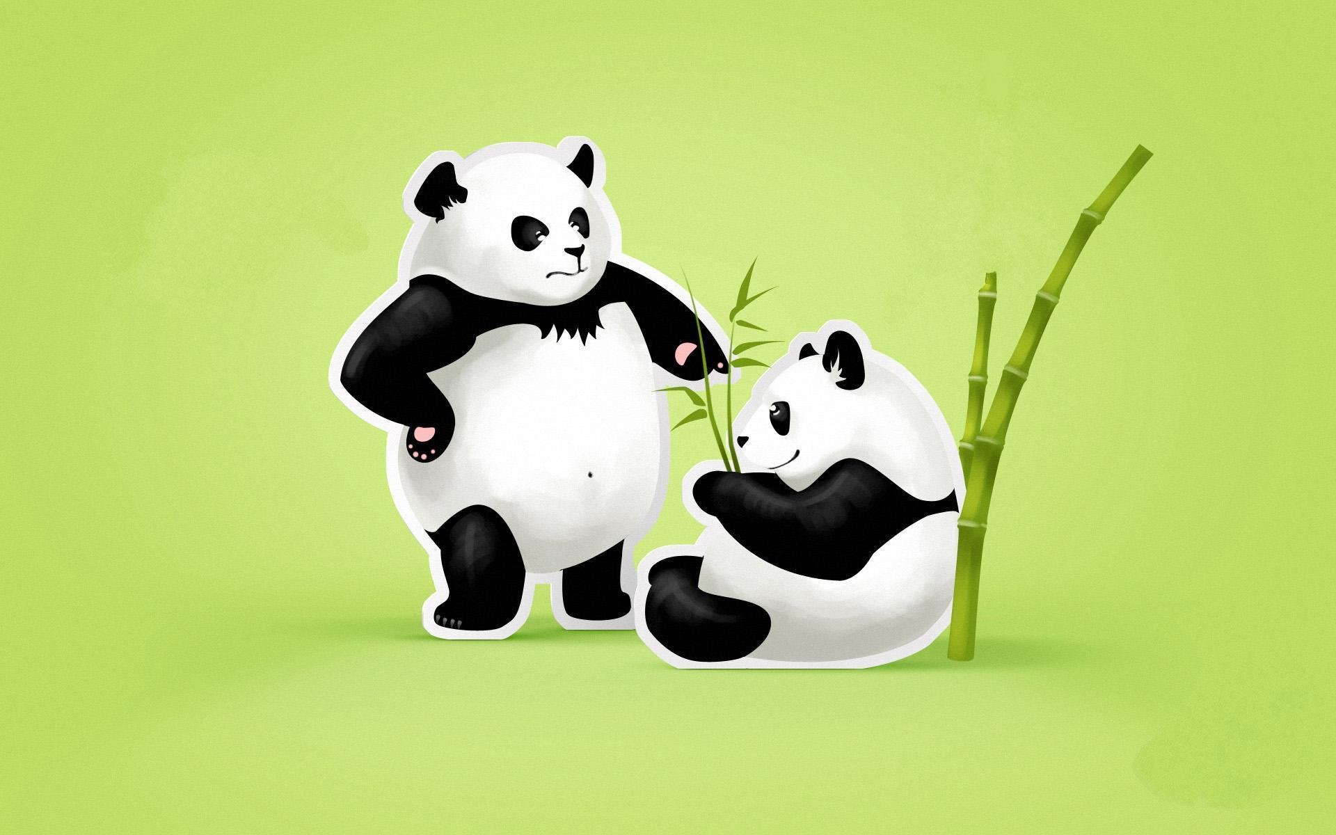 panda the pair bamboo leaves green background