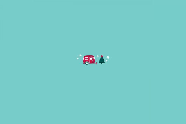 A red van next to a Christmas tree in winter