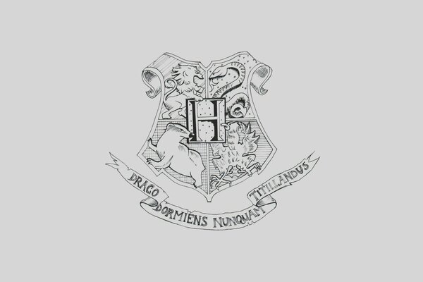 The Hogwarts coat of arms is black and white on a gray background