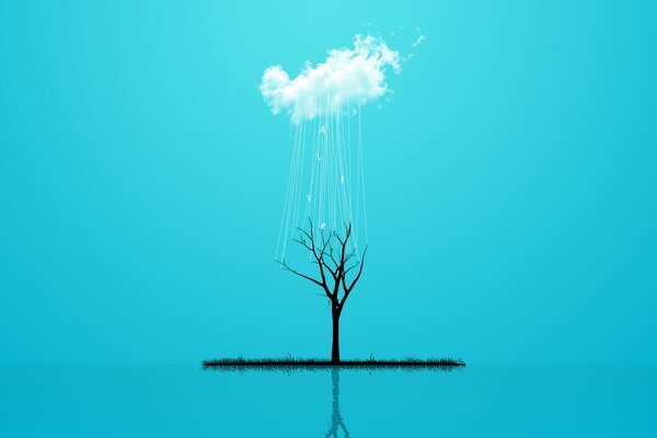 An island with a tree under a rainy cloud