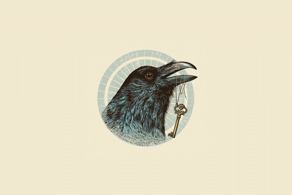 Minimalistic image of a raven with a key in its beak