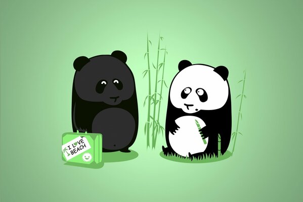 A black panda with a suitcase next to a white one