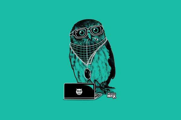 Owl in glasses with a computer mouse