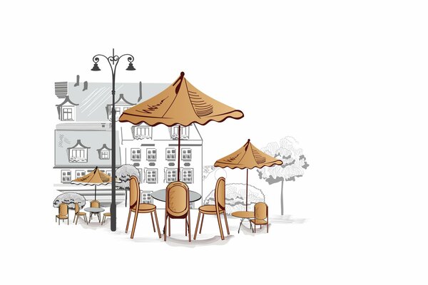 Cozy outdoor cafe, tables under umbrellas