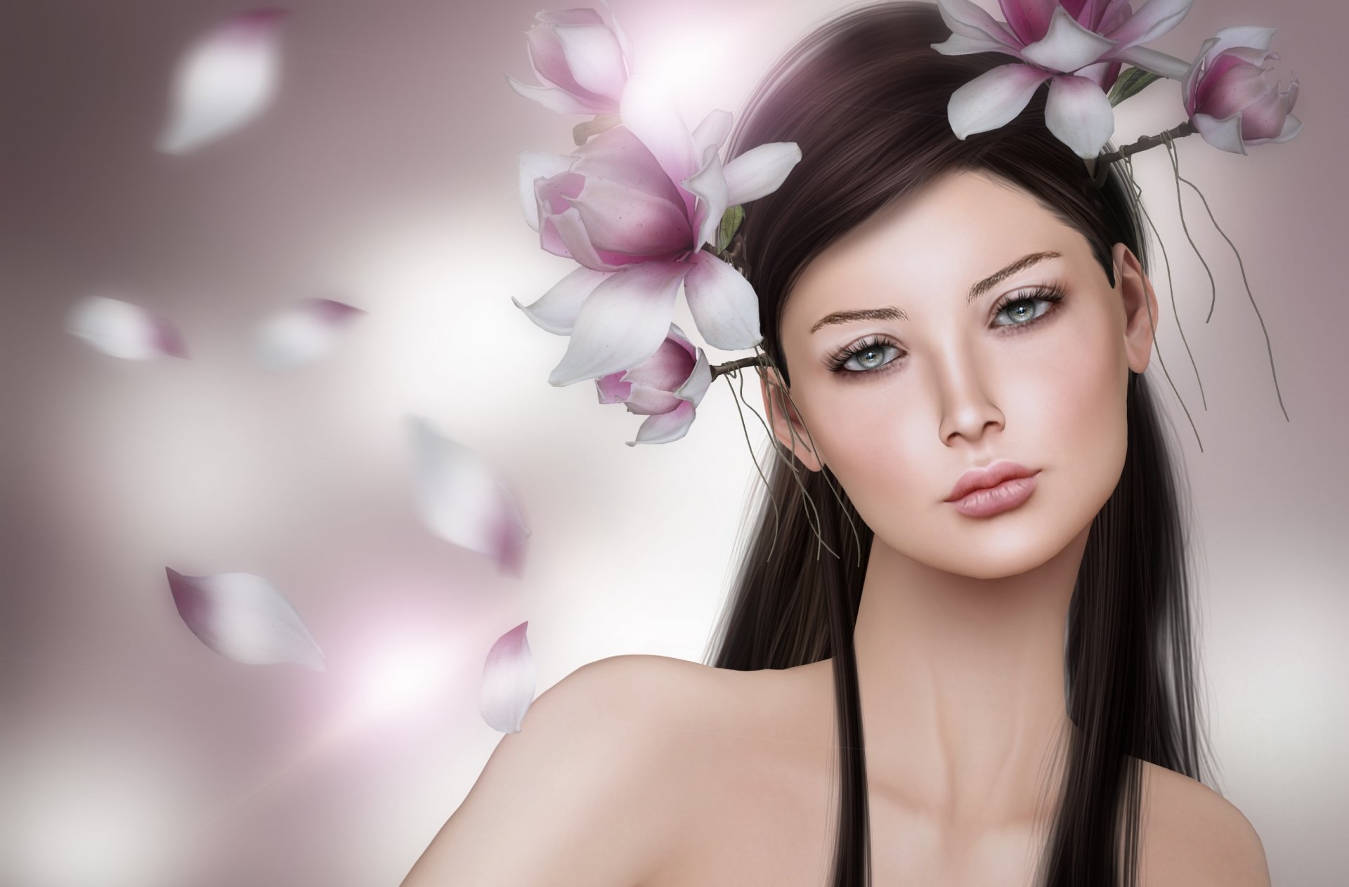 la jeune fille portrait brune magnolia fleurs couronne de fleurs