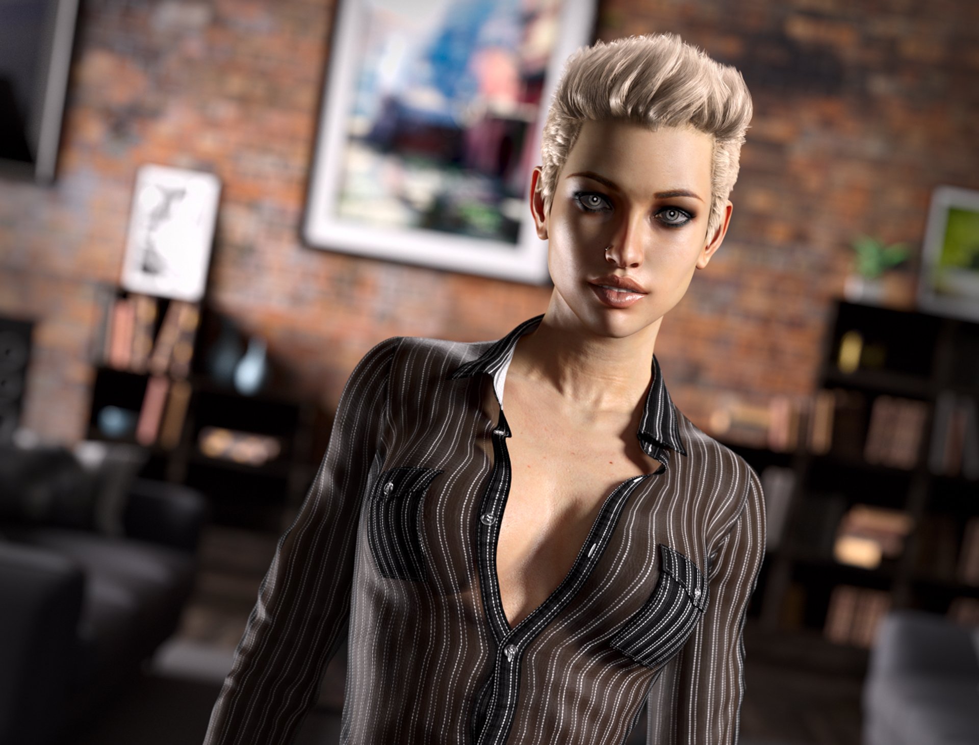 girl view babe face beauty eyes jacket breasts hair style hair white hair rendering