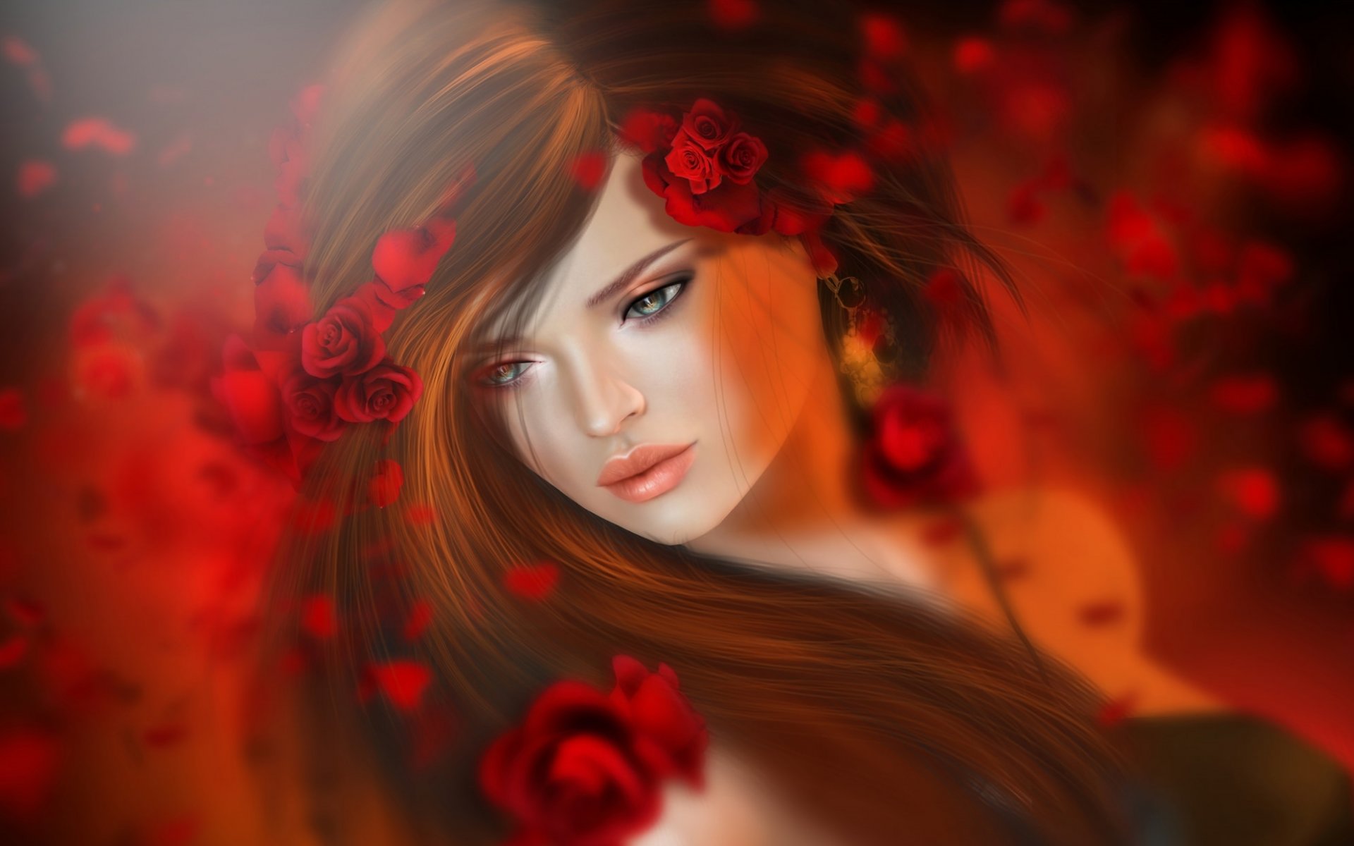 ragazza bruna capelli rose fiori rosso