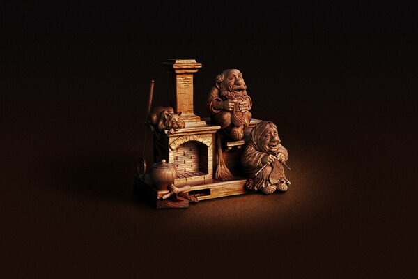 A statuette on the desktop with an image of a stove and old people