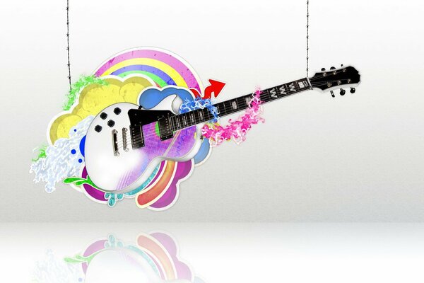 The guitar weighs with multicolored drawings around, reflecting off the white floor