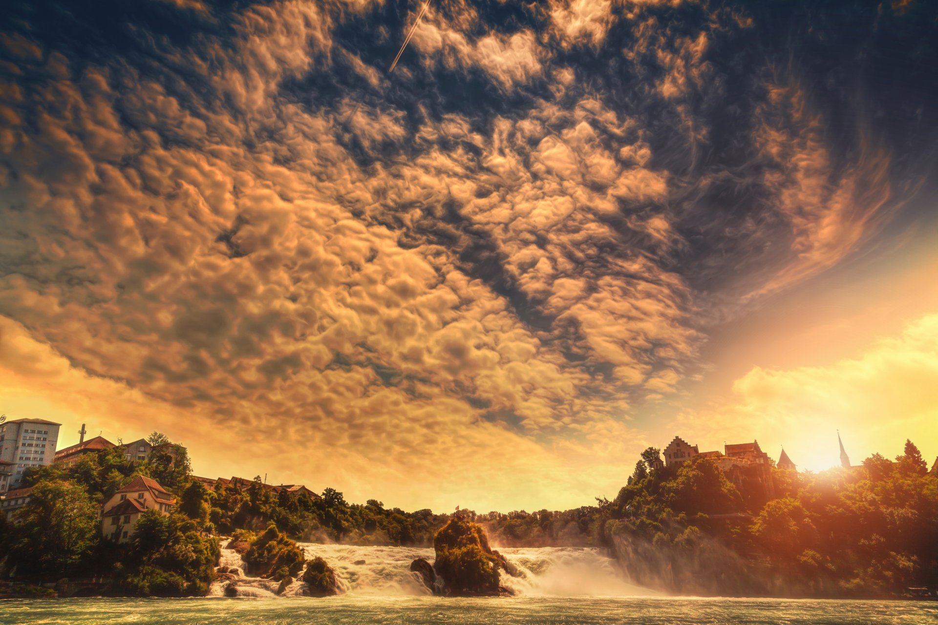 himmel wolken fluss wasserfall häuser verarbeitung