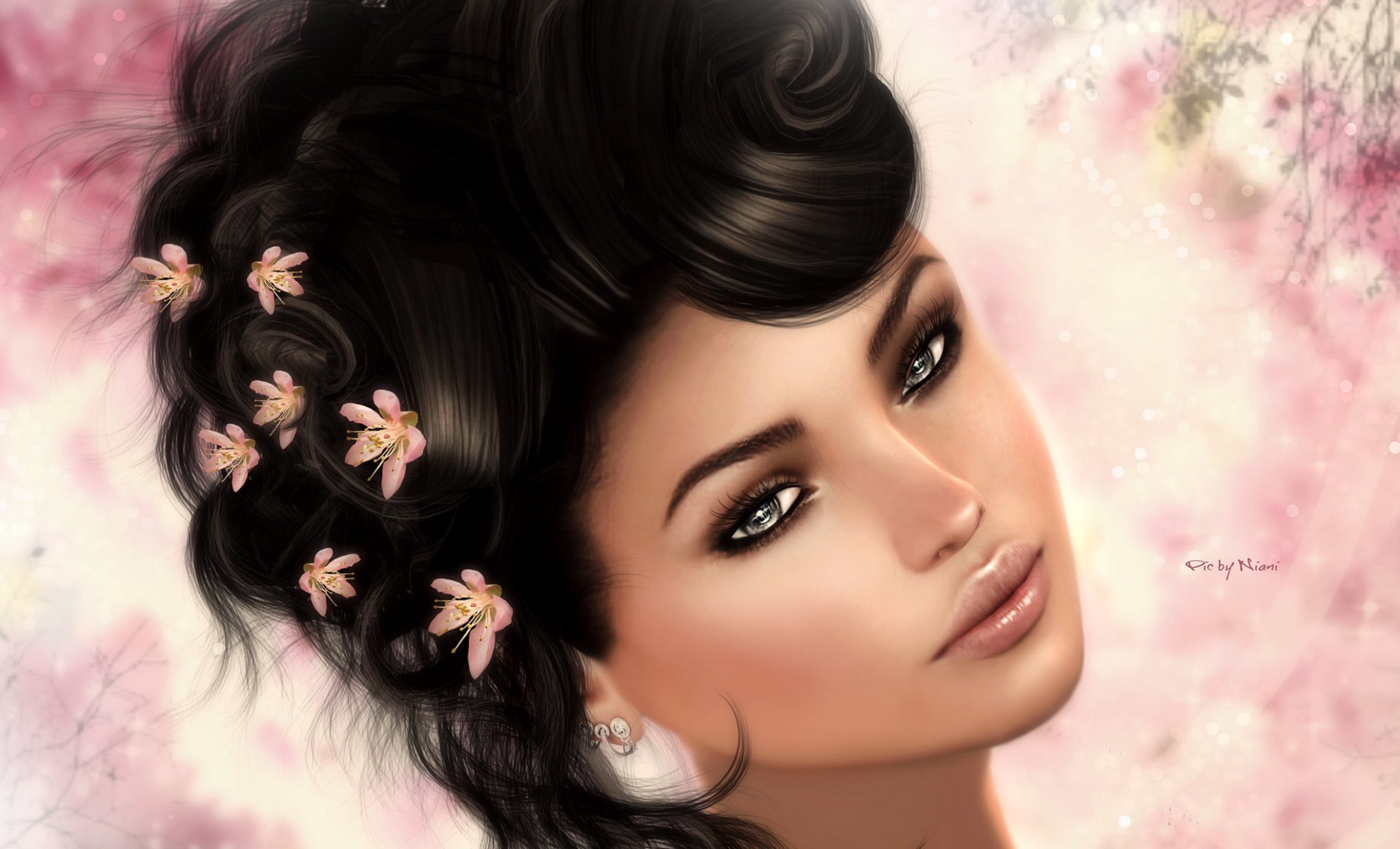 girl face portrait brunette hair style flower